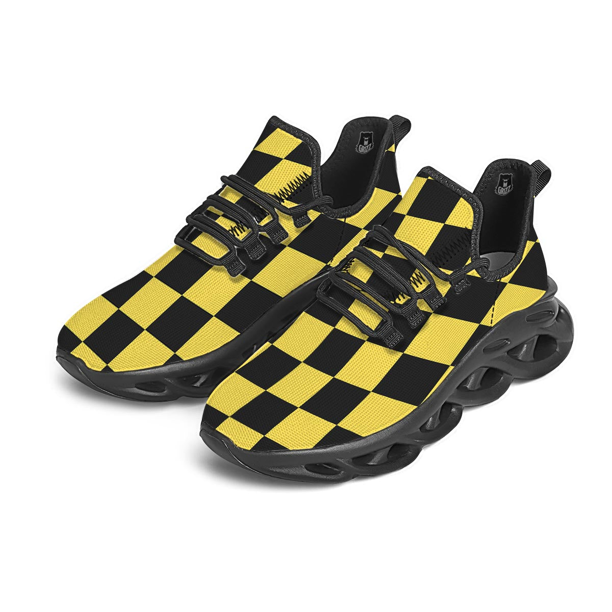 Yellow Checkered Print Black Running Shoes-grizzshop