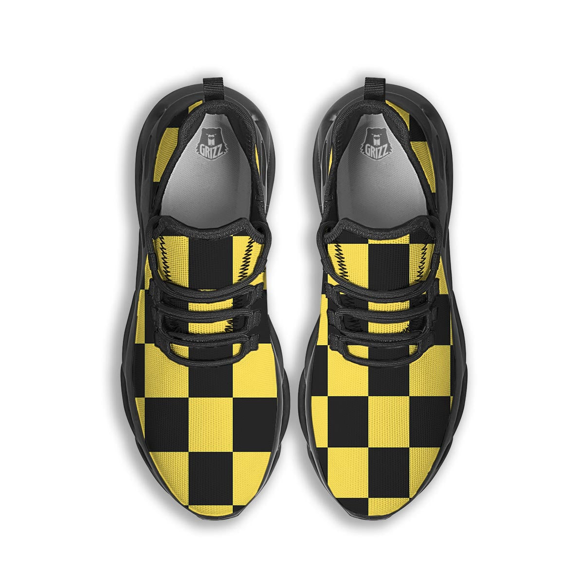 Yellow Checkered Print Black Running Shoes-grizzshop