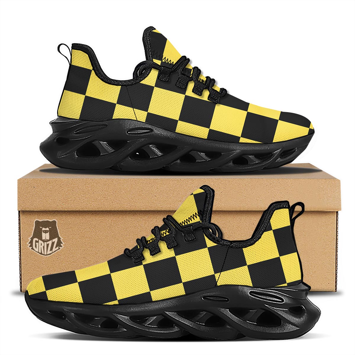 Yellow Checkered Print Black Running Shoes-grizzshop