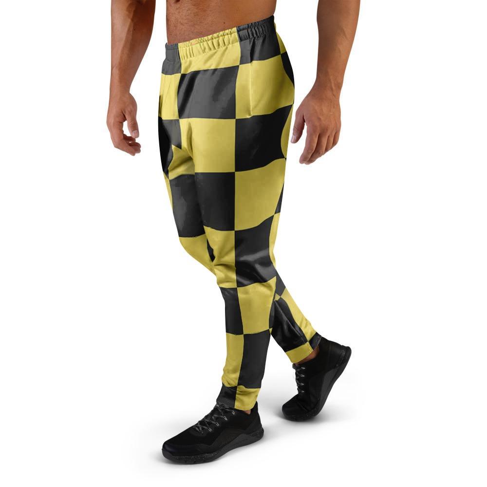 Yellow Checkered Print Men's Joggers-grizzshop
