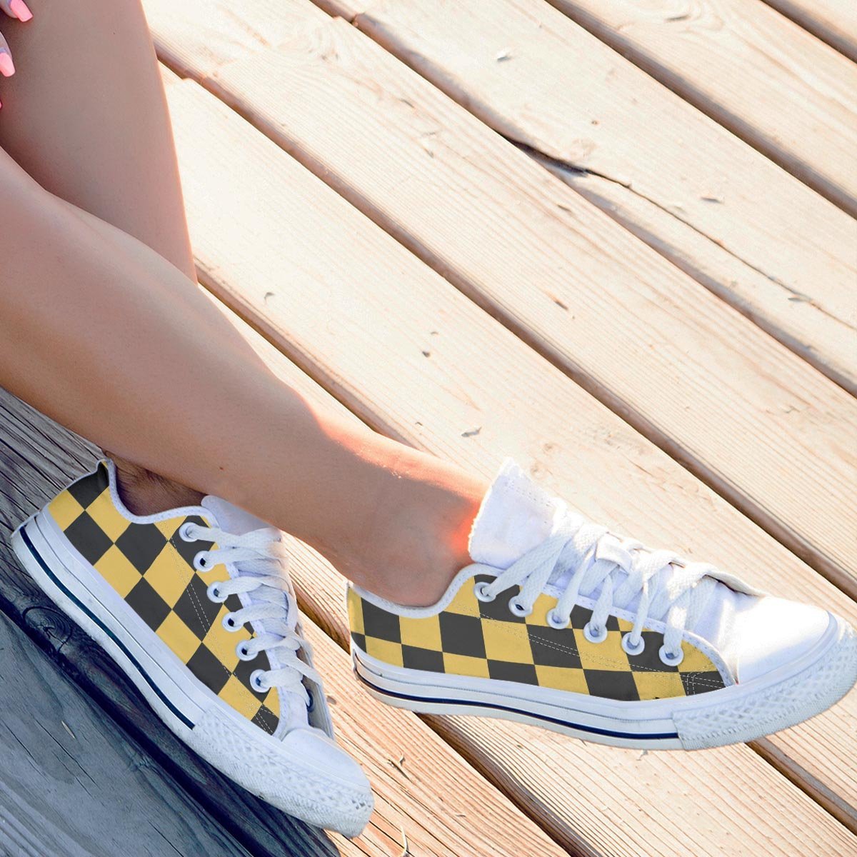 Yellow Checkered Print Men's Low Top Shoes-grizzshop