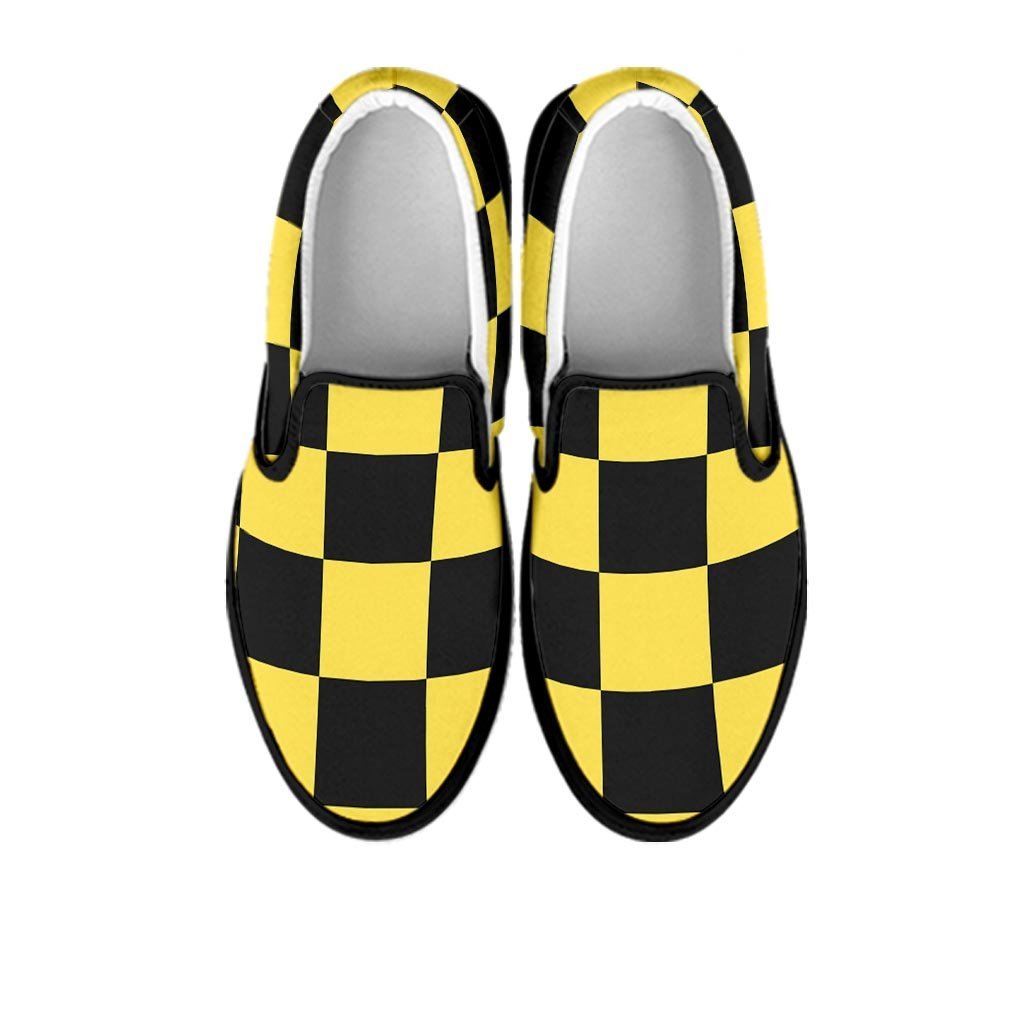 Yellow Checkered Print Men's Slip On Sneakers-grizzshop