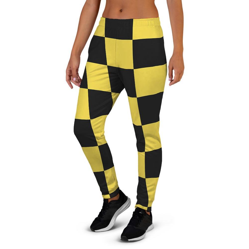 Yellow Checkered Print Women's Joggers-grizzshop