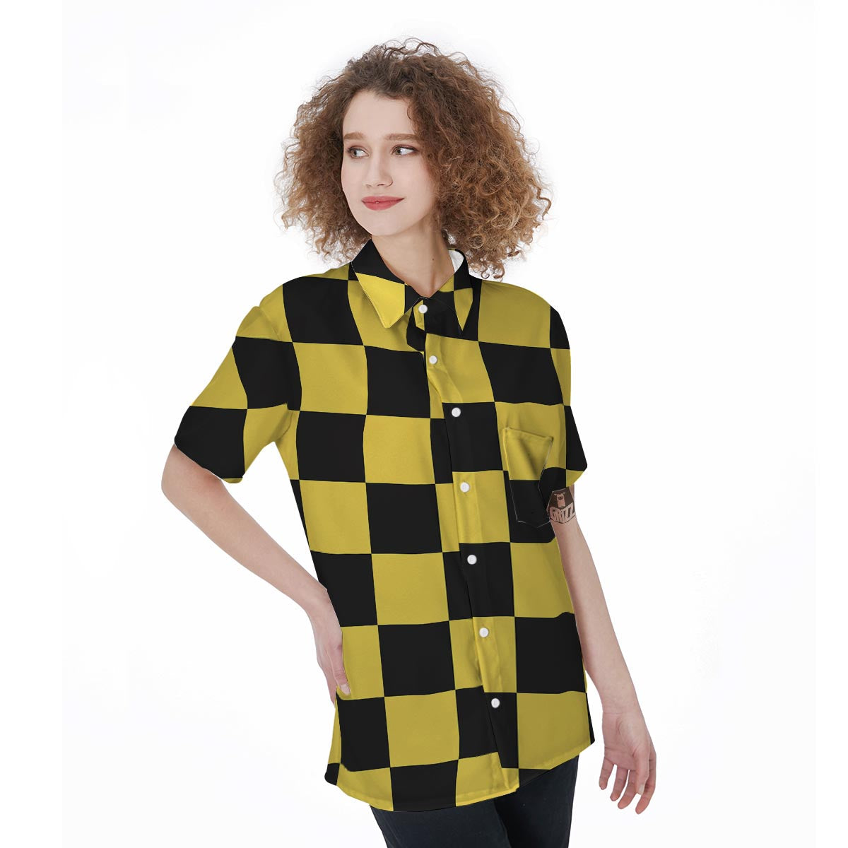 Yellow Checkered Print Women's Short Sleeve Shirts-grizzshop