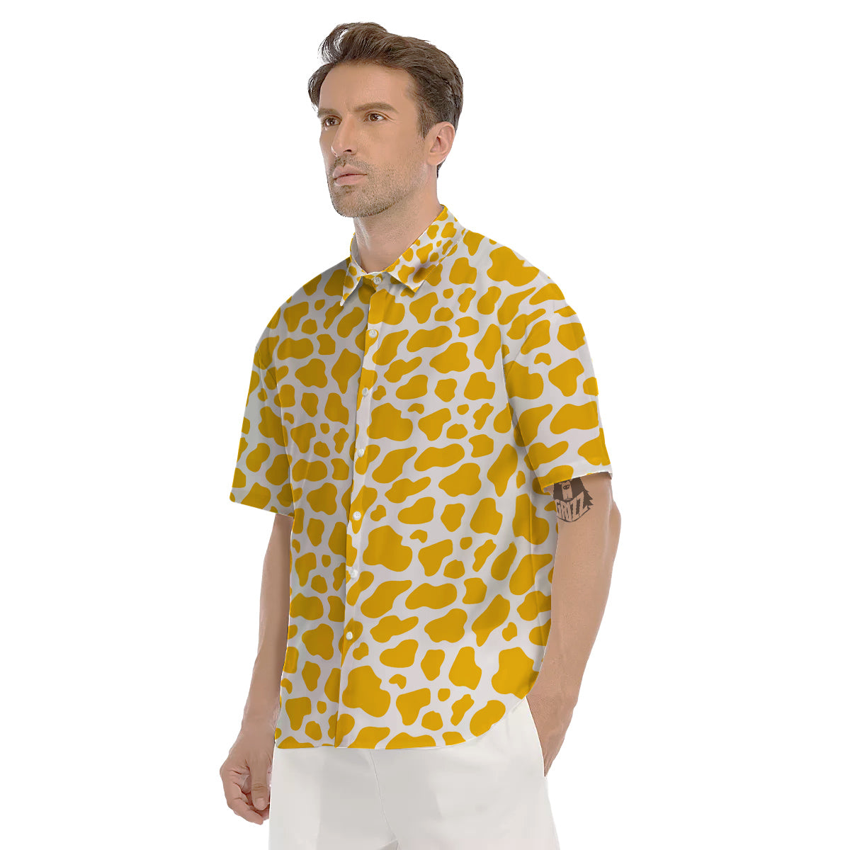 Yellow Cow Print Pattern Men's Short Sleeve Shirts-grizzshop
