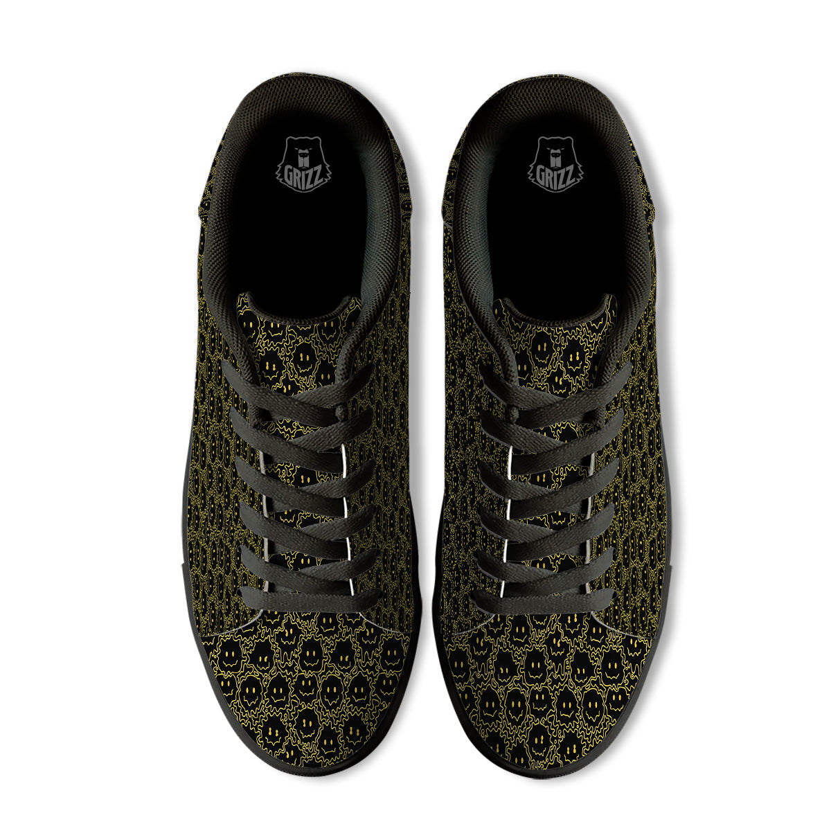 Yellow Crazy Emoji Print Pattern Black Low Top Sneakers-grizzshop