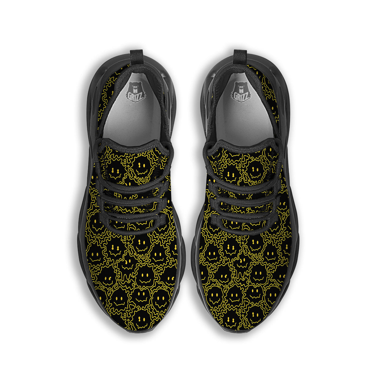 Yellow Crazy Emoji Print Pattern Black Running Shoes-grizzshop