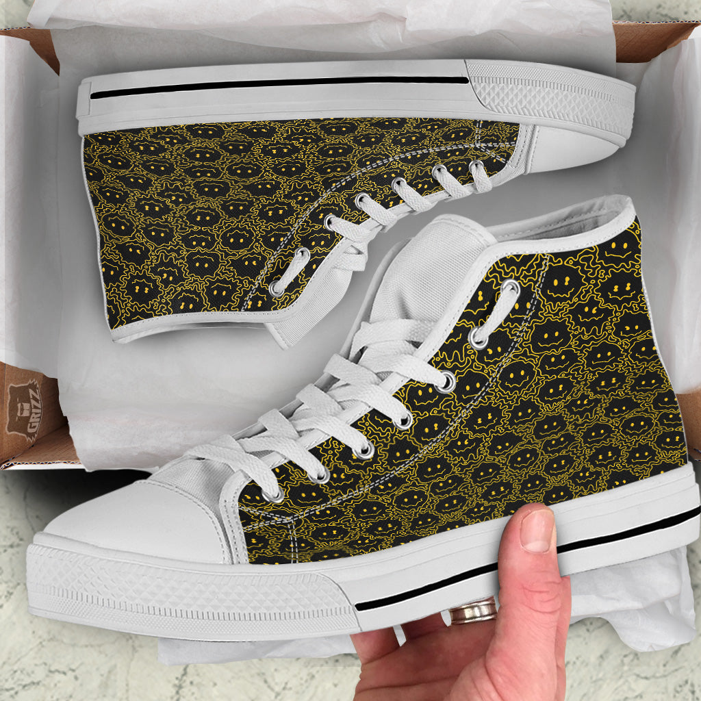 Yellow Crazy Emoji Print Pattern White High Top Shoes-grizzshop