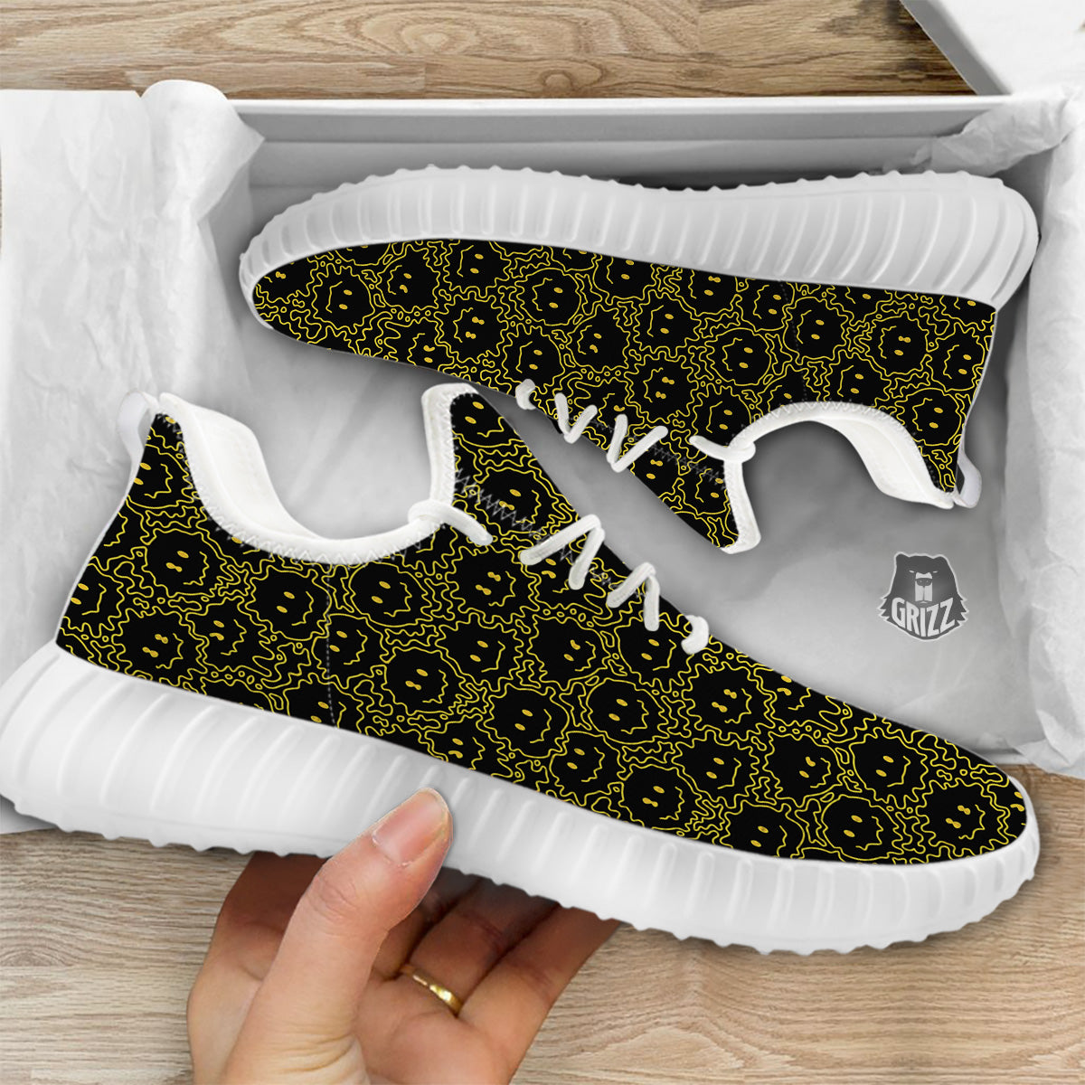 Yellow Crazy Emoji Print Pattern White Walking Shoes-grizzshop