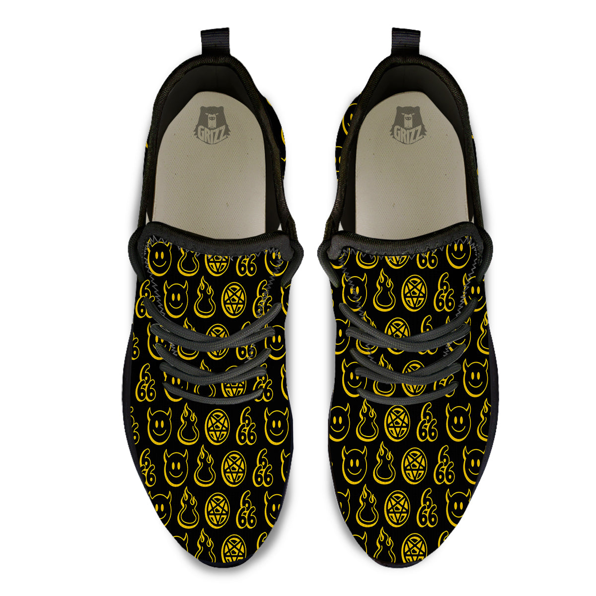 Yellow Demon Smile And Symbol Print Pattern Black Athletic Shoes-grizzshop
