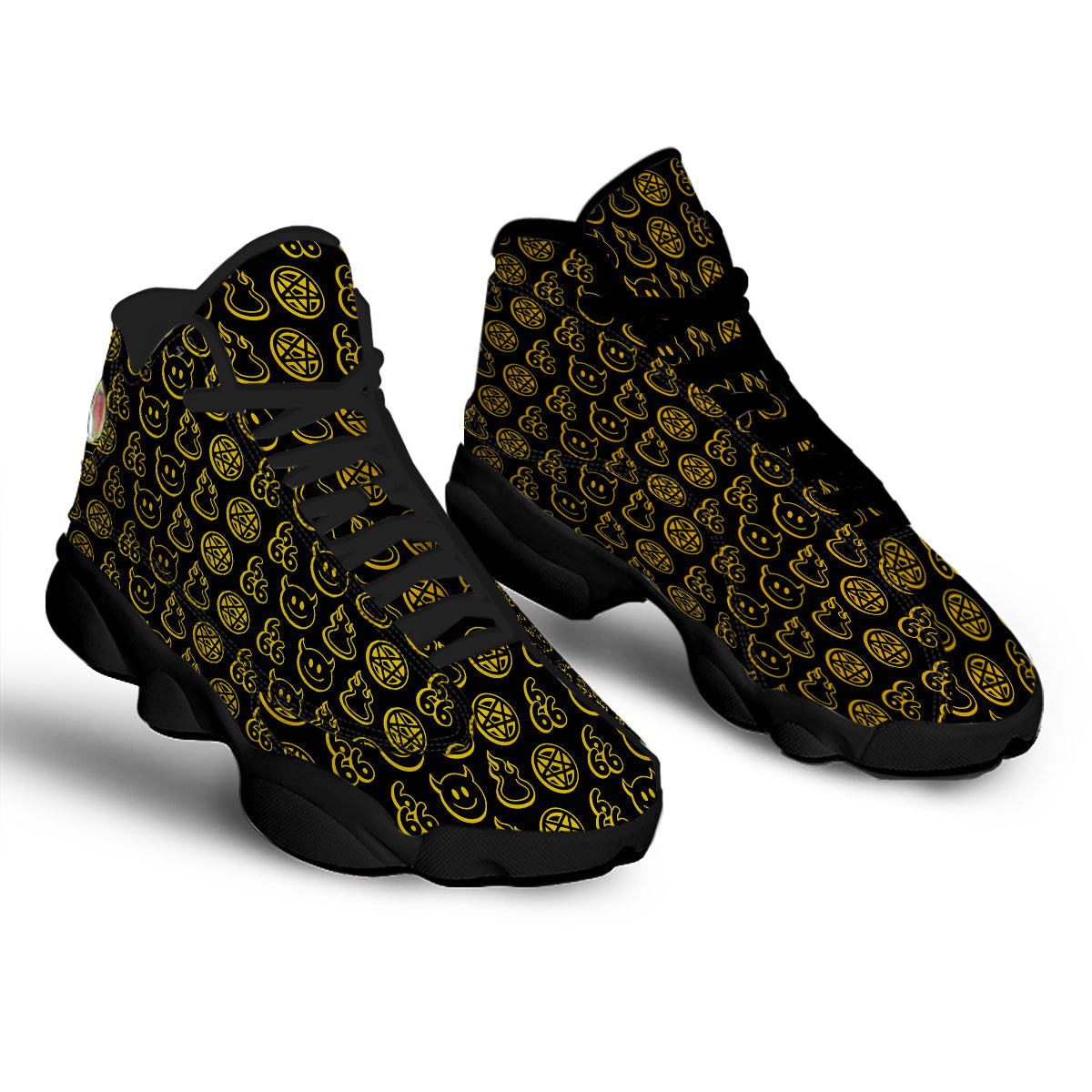 Yellow Demon Smile And Symbol Print Pattern Black Basketball Shoes-grizzshop