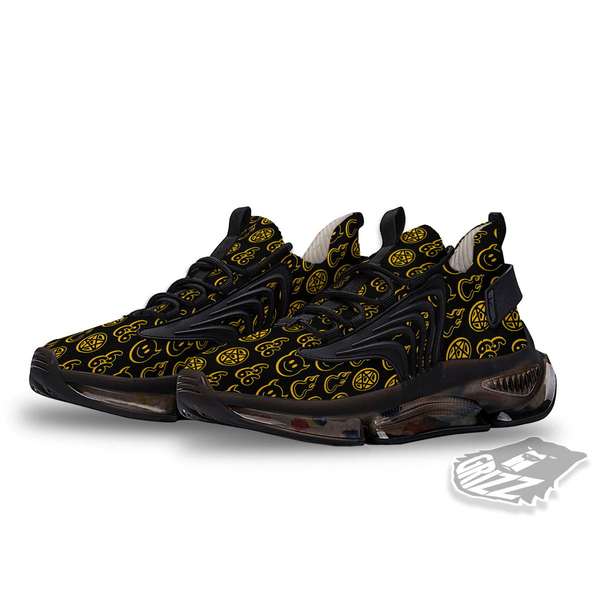 Yellow Demon Smile And Symbol Print Pattern Black Gym Shoes-grizzshop
