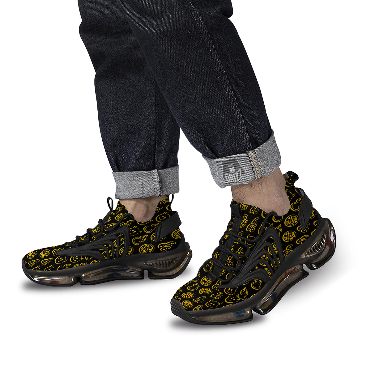 Yellow Demon Smile And Symbol Print Pattern Black Gym Shoes-grizzshop