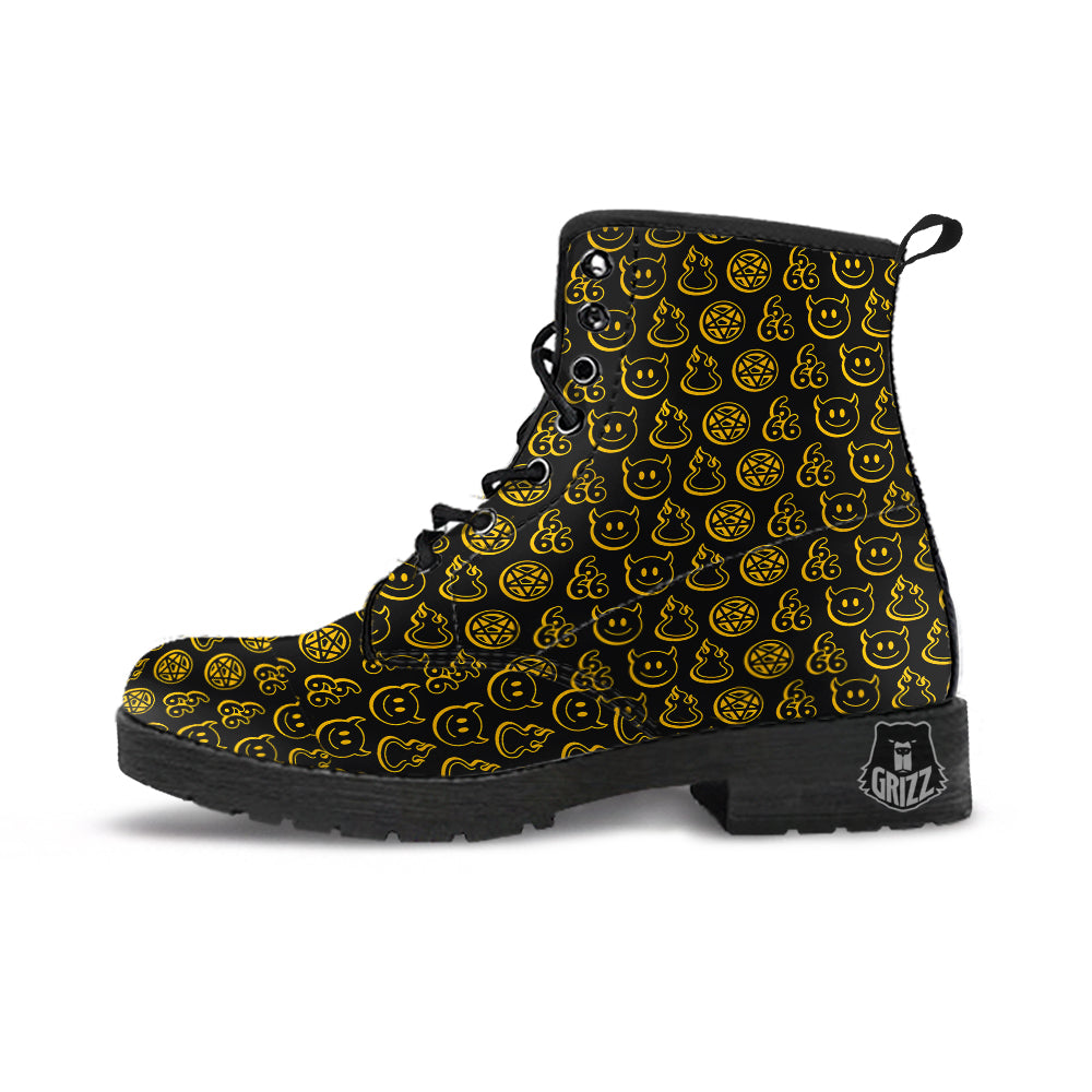 Yellow Demon Smile And Symbol Print Pattern Leather Boots-grizzshop