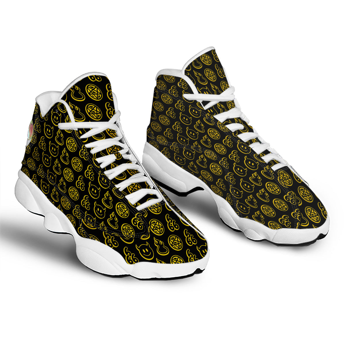 Yellow Demon Smile And Symbol Print Pattern White Basketball Shoes-grizzshop