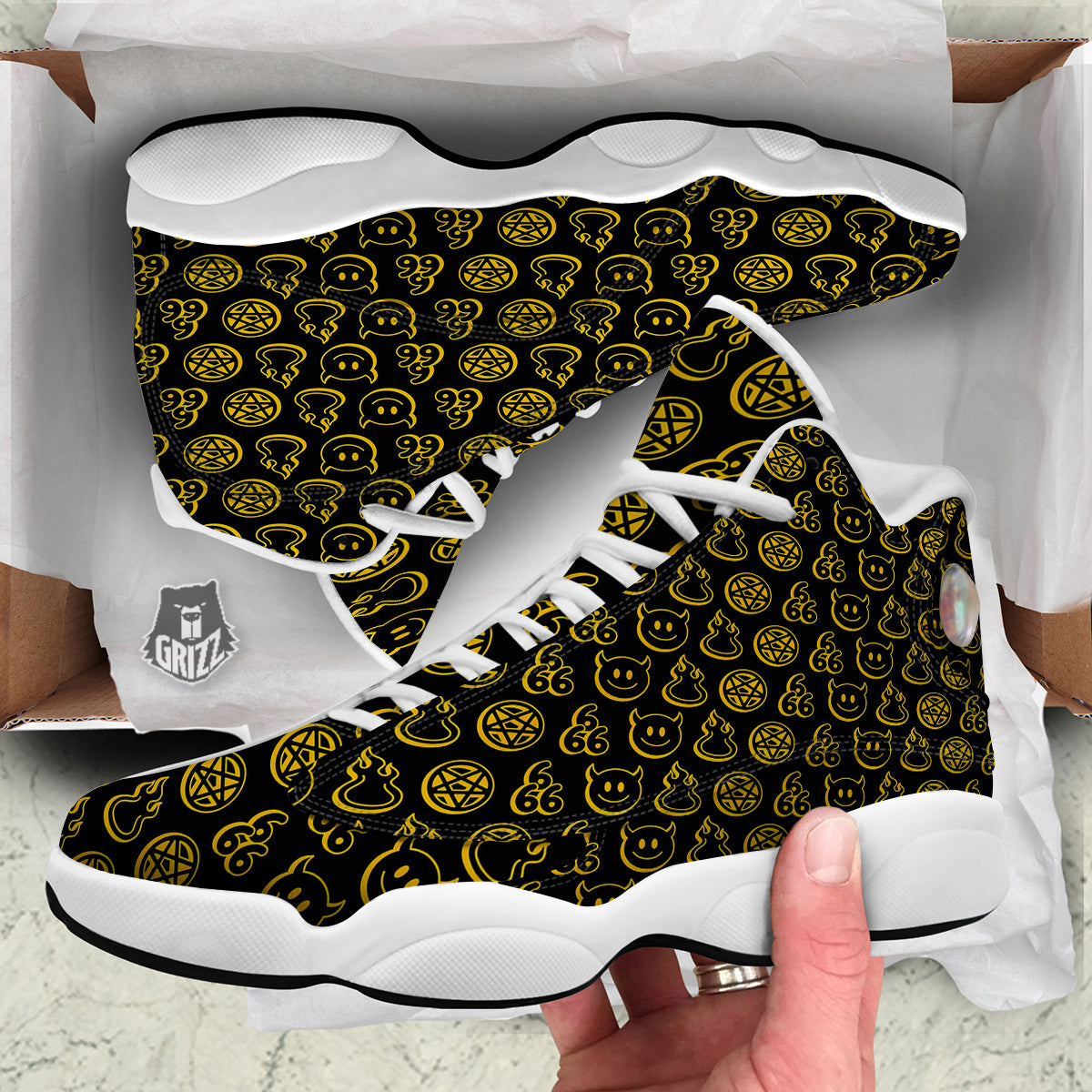 Yellow Demon Smile And Symbol Print Pattern White Basketball Shoes-grizzshop