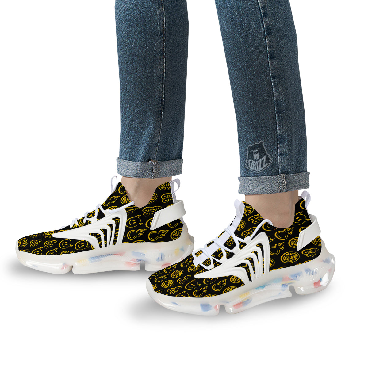 Yellow Demon Smile And Symbol Print Pattern White Gym Shoes-grizzshop