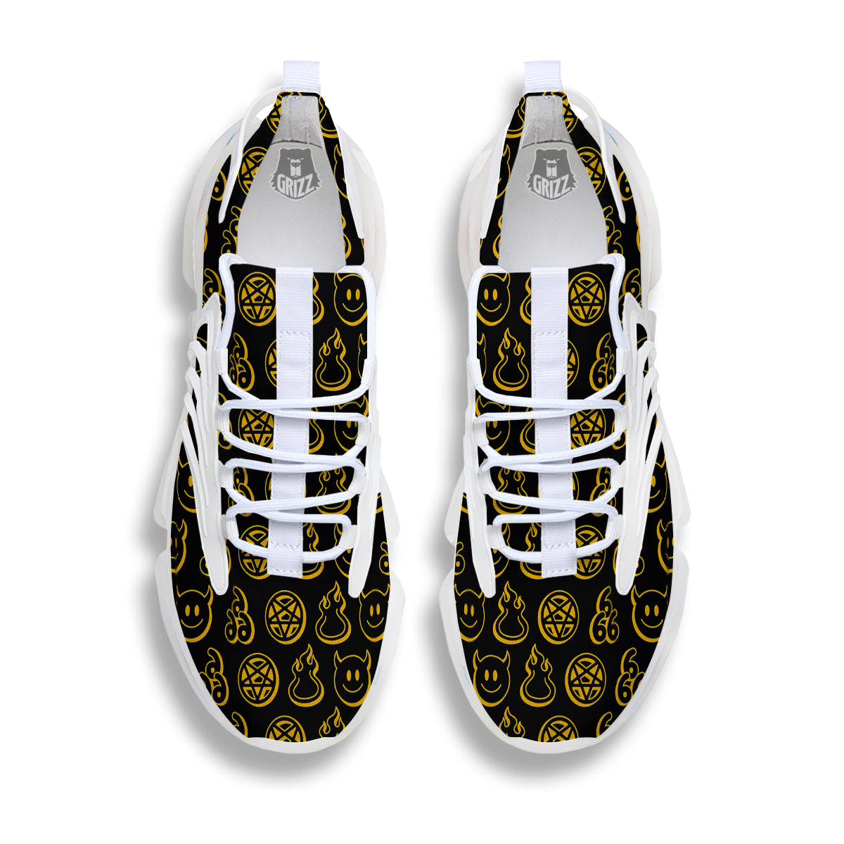 Yellow Demon Smile And Symbol Print Pattern White Gym Shoes-grizzshop