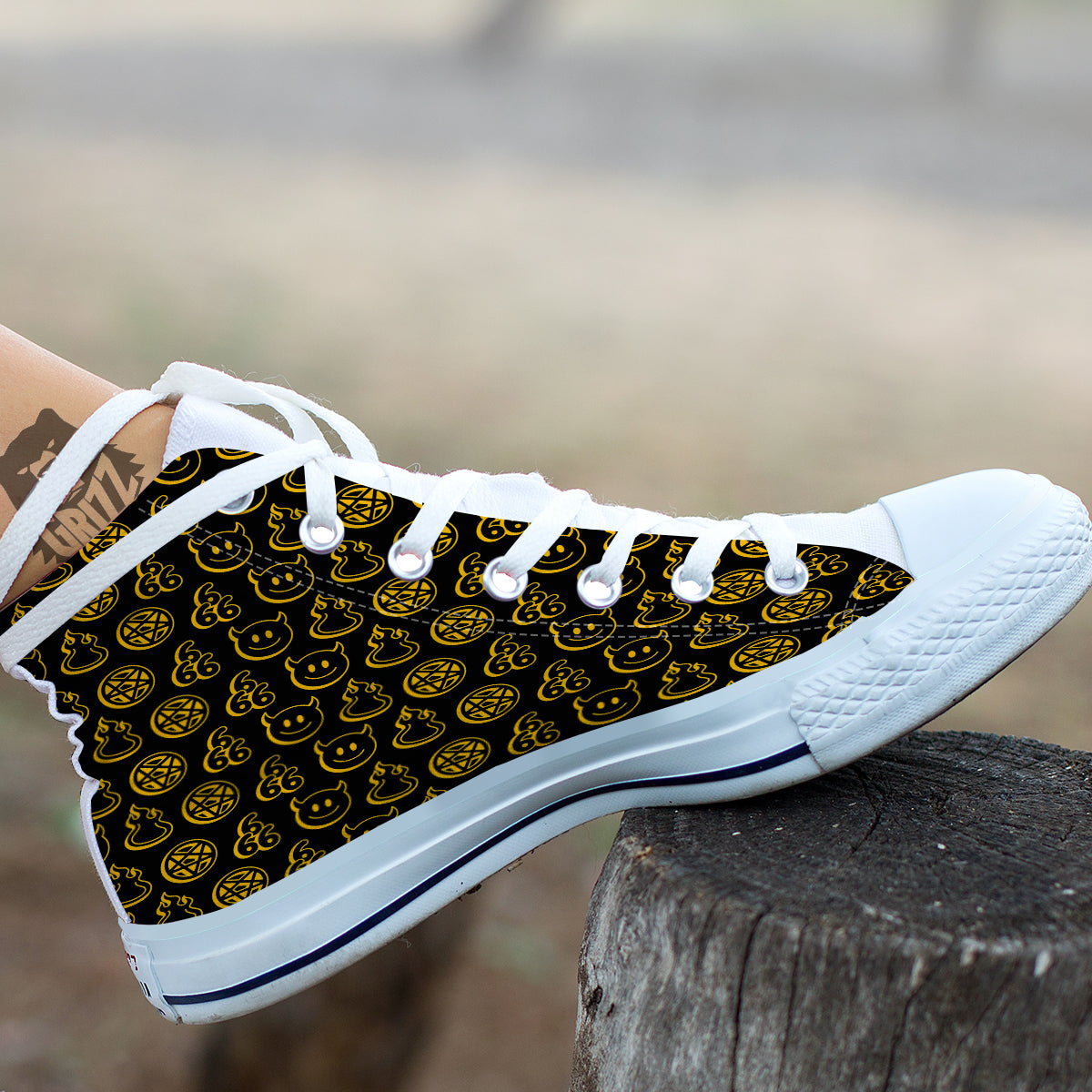Yellow Demon Smile And Symbol Print Pattern White High Top Shoes-grizzshop