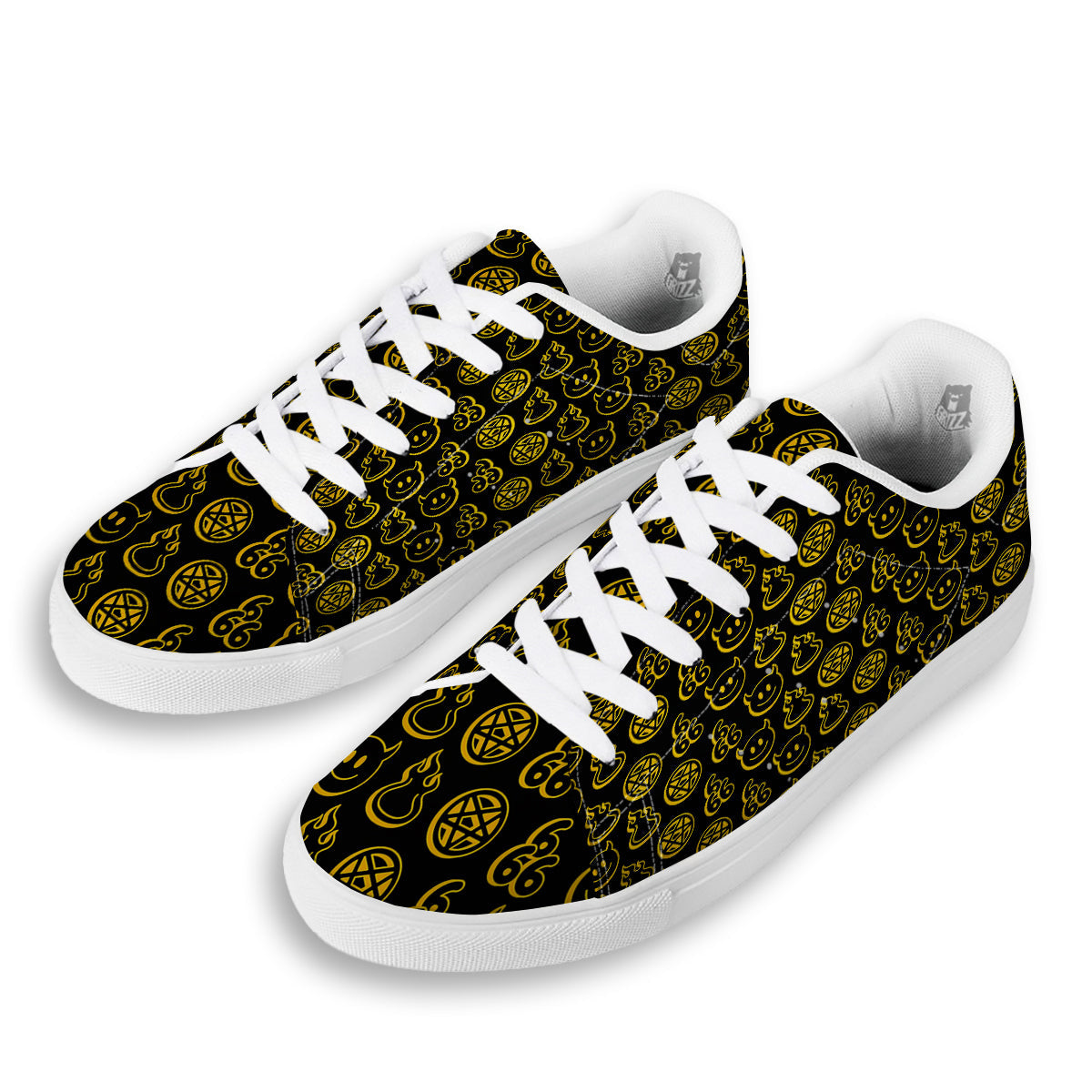 Yellow Demon Smile And Symbol Print Pattern White Low Top Sneakers-grizzshop