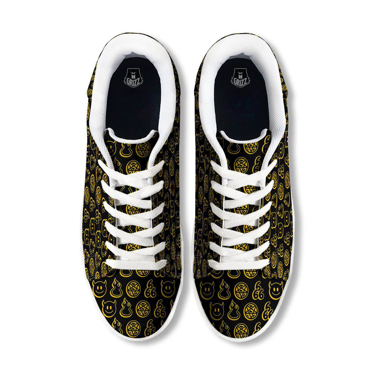 Yellow Demon Smile And Symbol Print Pattern White Low Top Sneakers-grizzshop