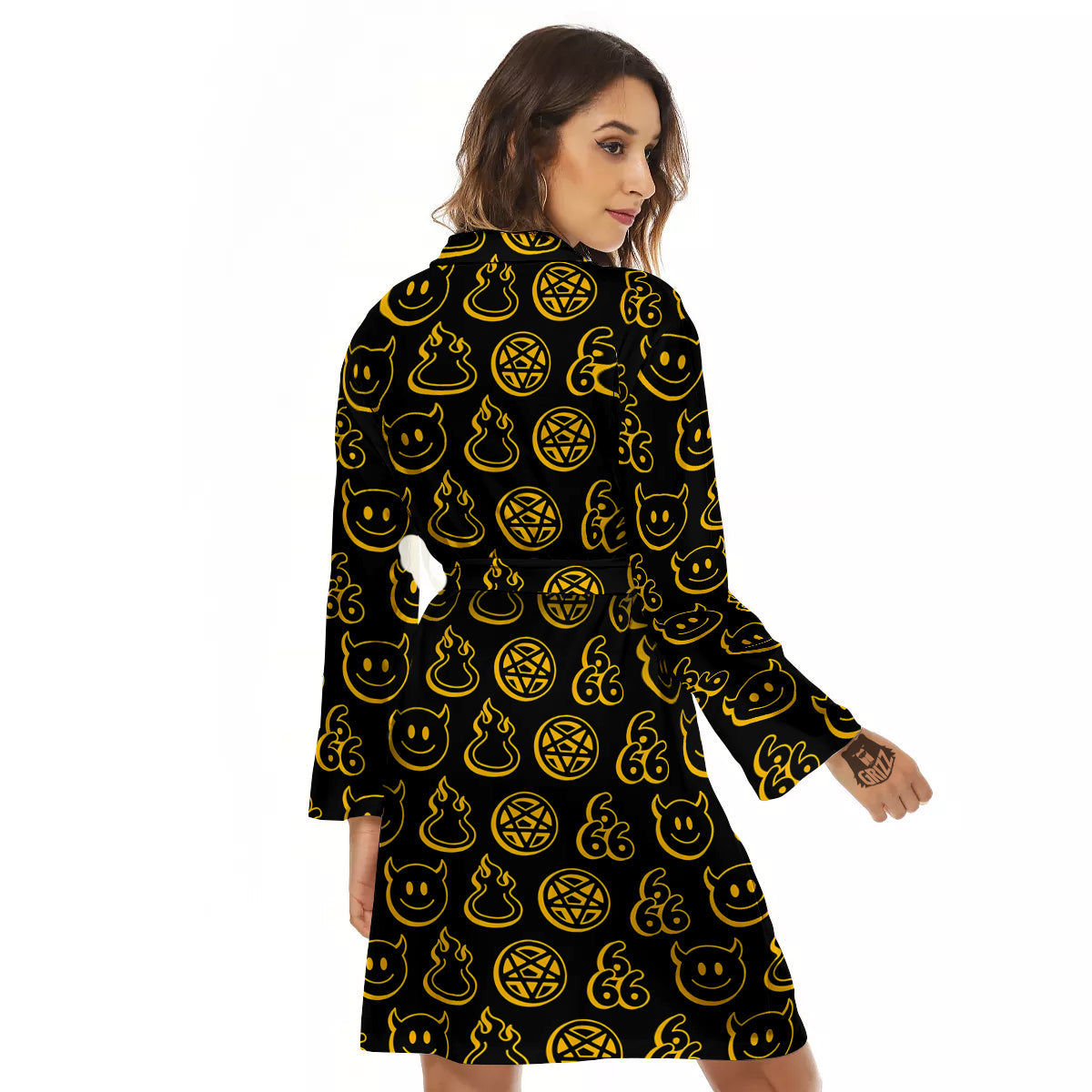 Yellow Demon Smile And Symbol Print Pattern Women's Robe-grizzshop