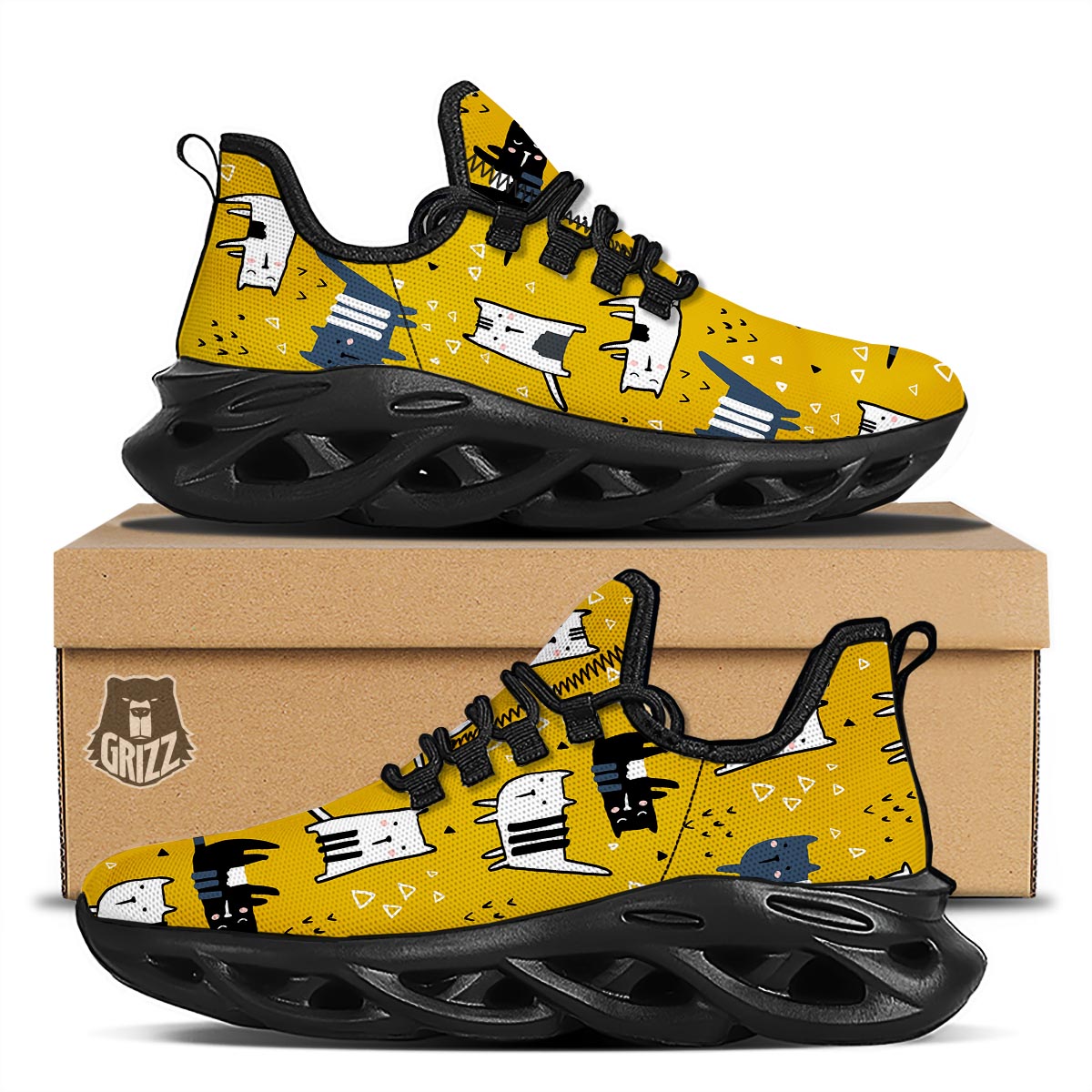Yellow Doodle Cat Print Black Running Shoes