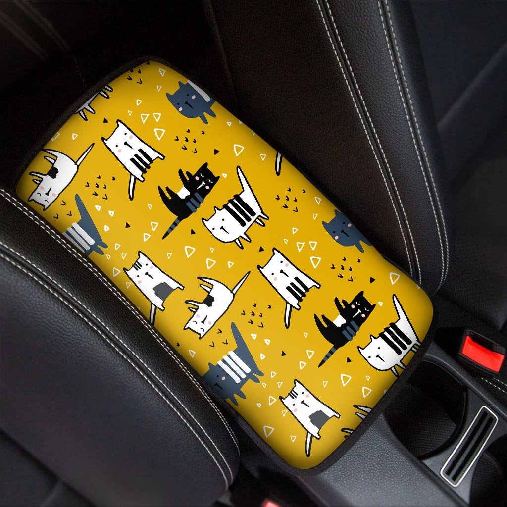 Yellow Doodle Cat Print Car Console Cover-grizzshop