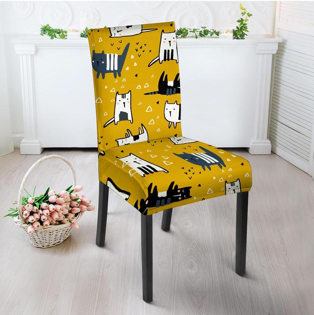 Yellow Doodle Cat Print Chair Cover-grizzshop