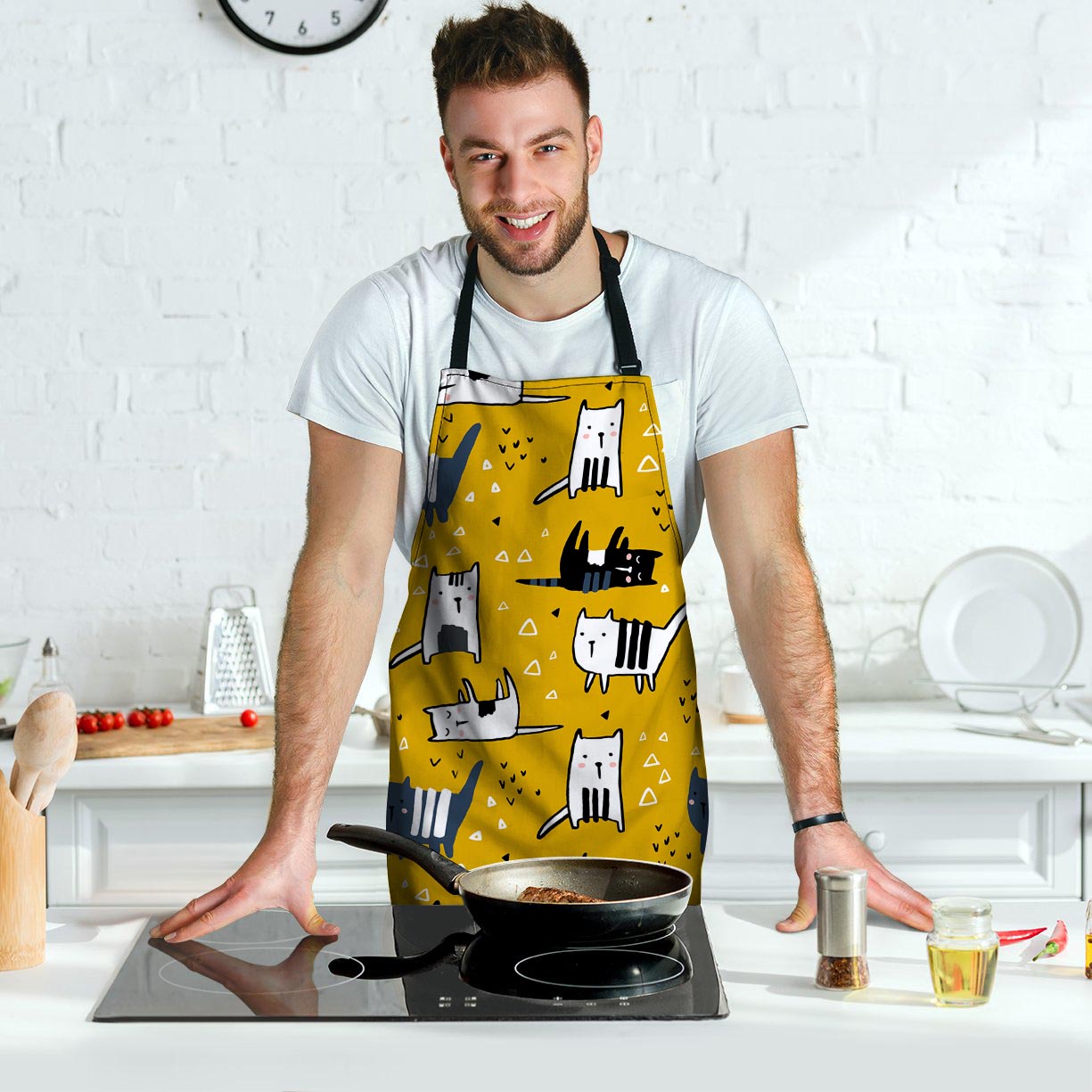 Yellow Doodle Cat Print Men's Apron-grizzshop