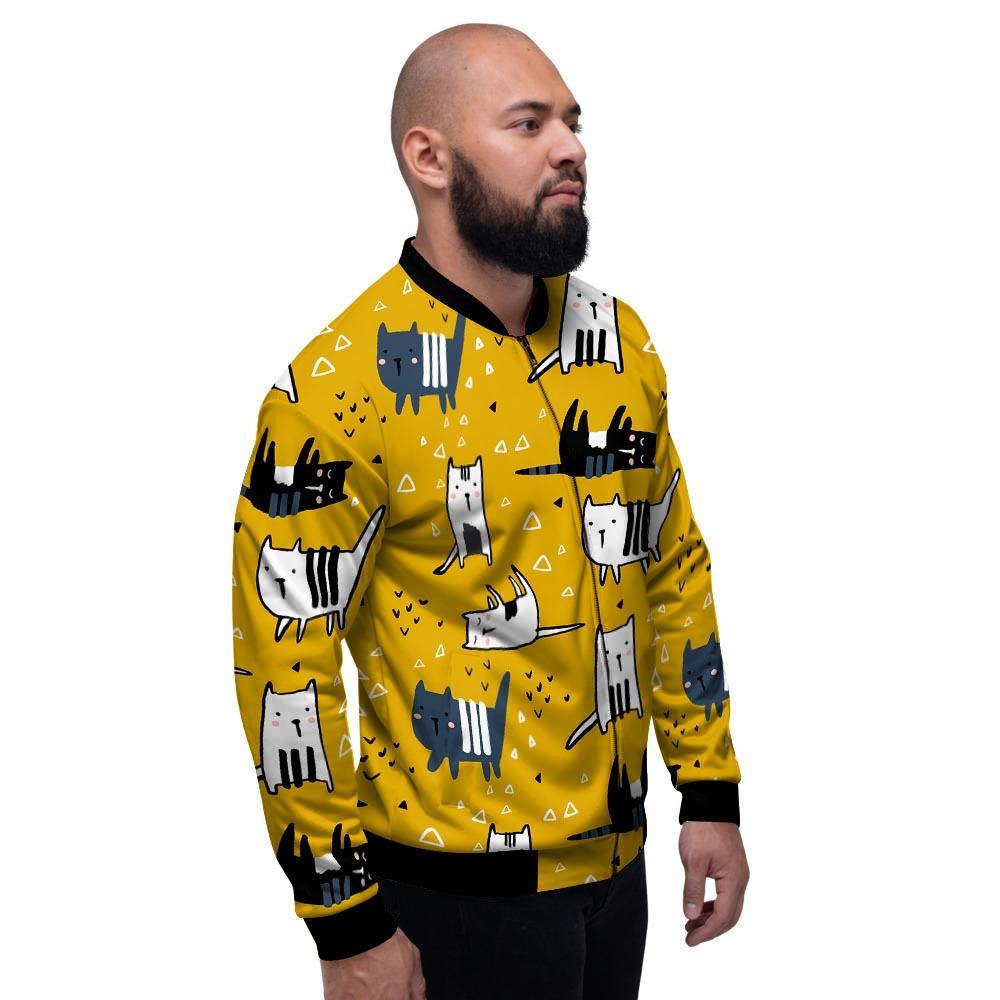 Yellow Doodle Cat Print Men's Bomber Jacket-grizzshop