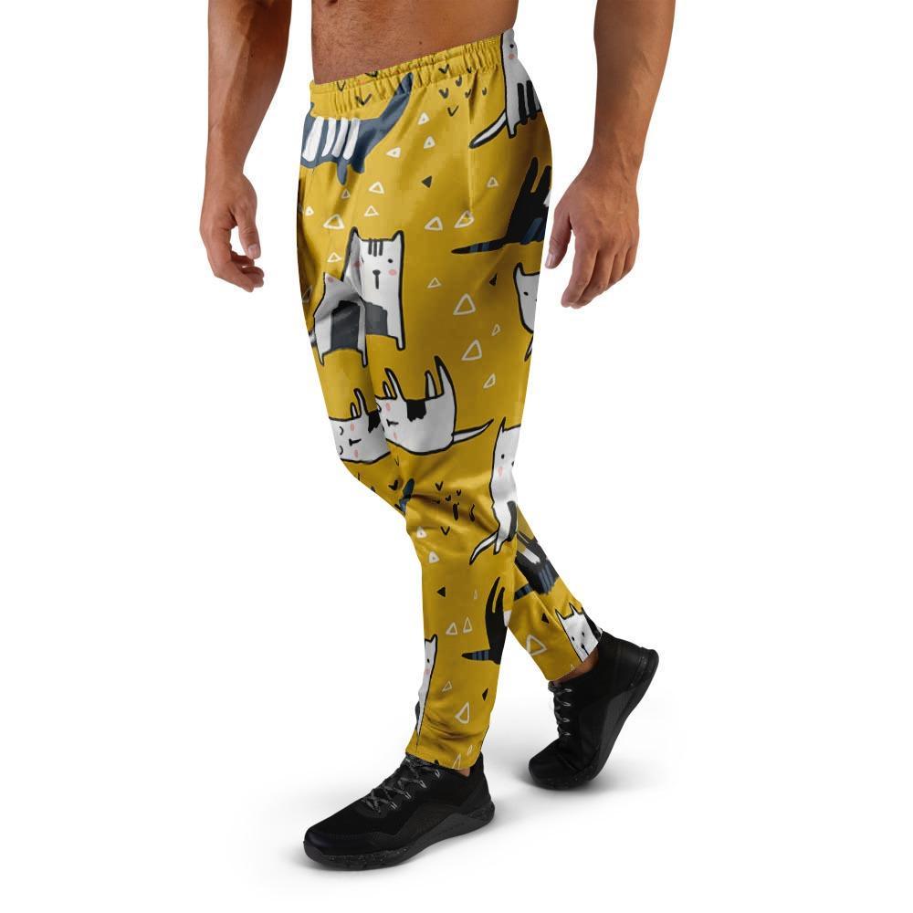 Yellow Doodle Cat Print Men's Joggers-grizzshop