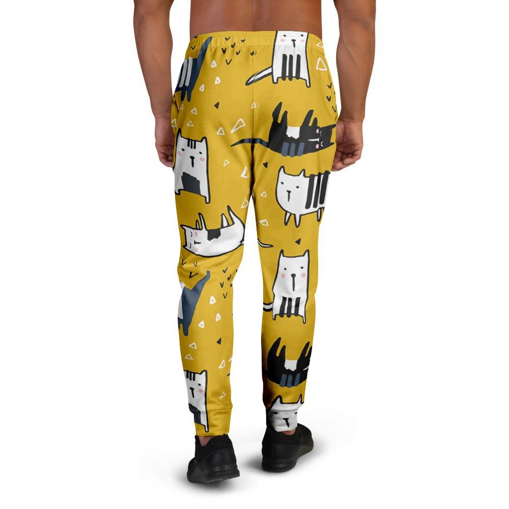 Yellow Doodle Cat Print Men's Joggers-grizzshop