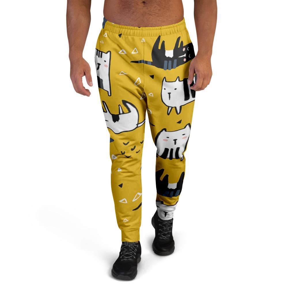 Yellow Doodle Cat Print Men's Joggers-grizzshop