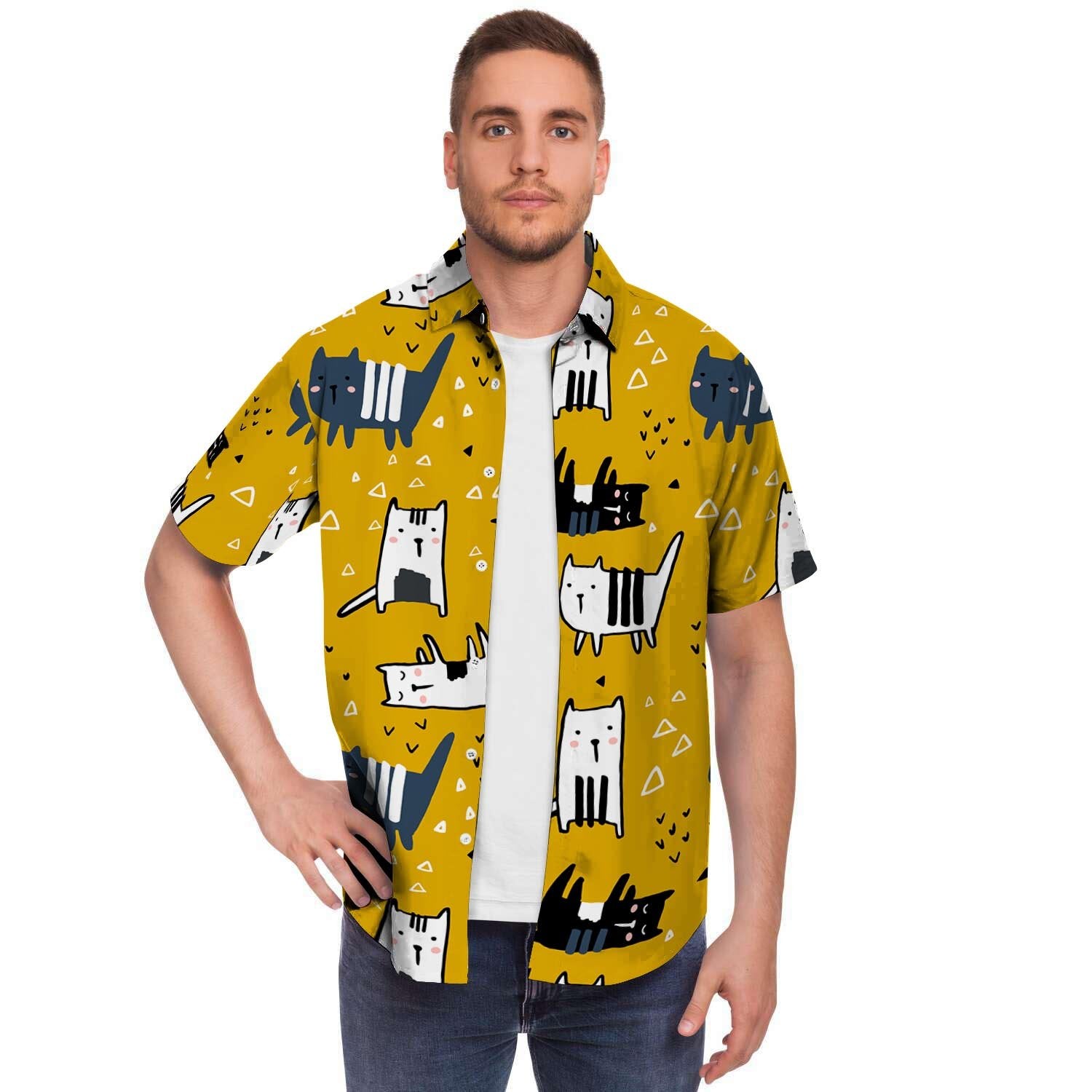 Yellow Doodle Cat Print Men's Short Sleeve Shirt-grizzshop