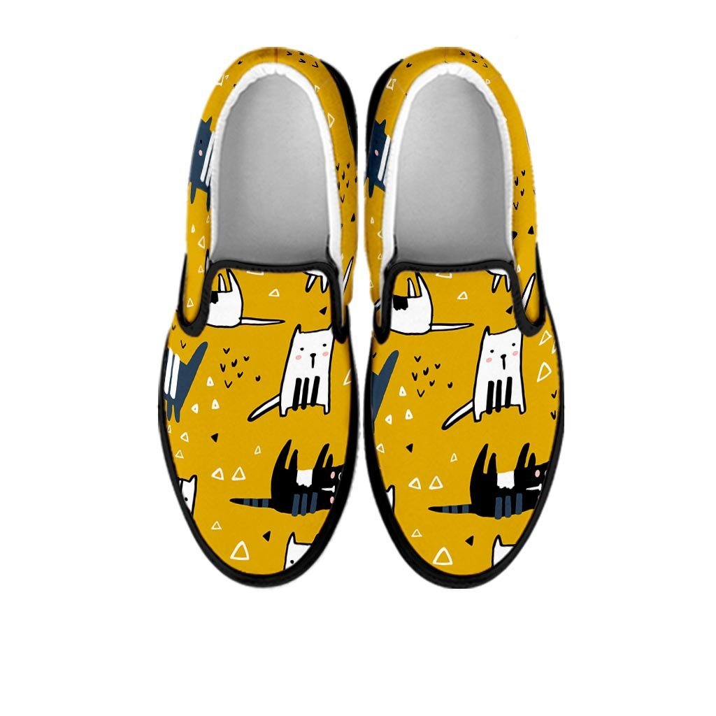 Yellow Doodle Cat Print Men's Slip On Sneakers-grizzshop