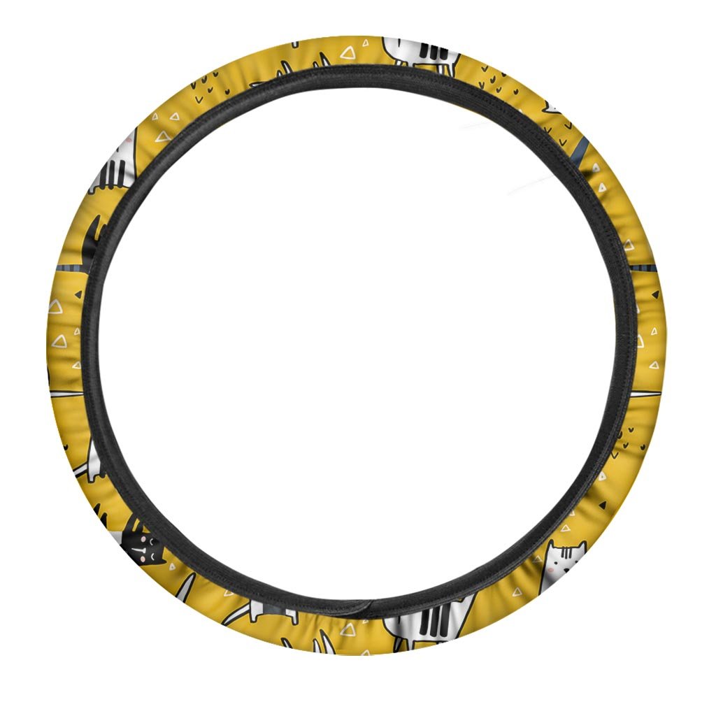 Yellow Doodle Cat Print Steering Wheel Cover-grizzshop