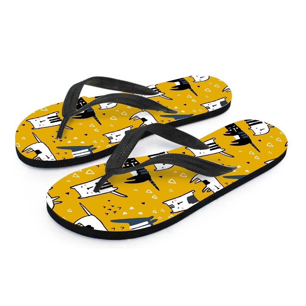 Yellow Doodle Cat Print Women's Flip Flops-grizzshop