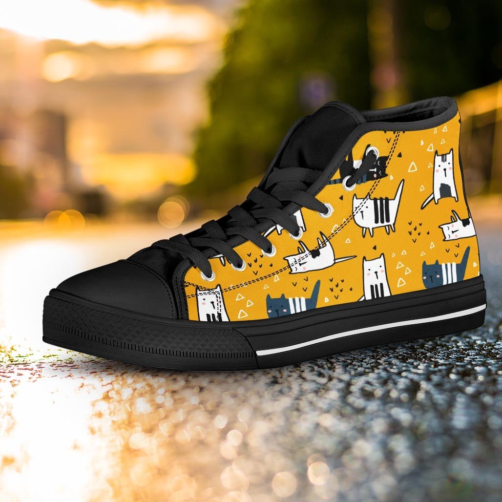 Yellow Doodle Cat Print Women's High Top Shoes-grizzshop