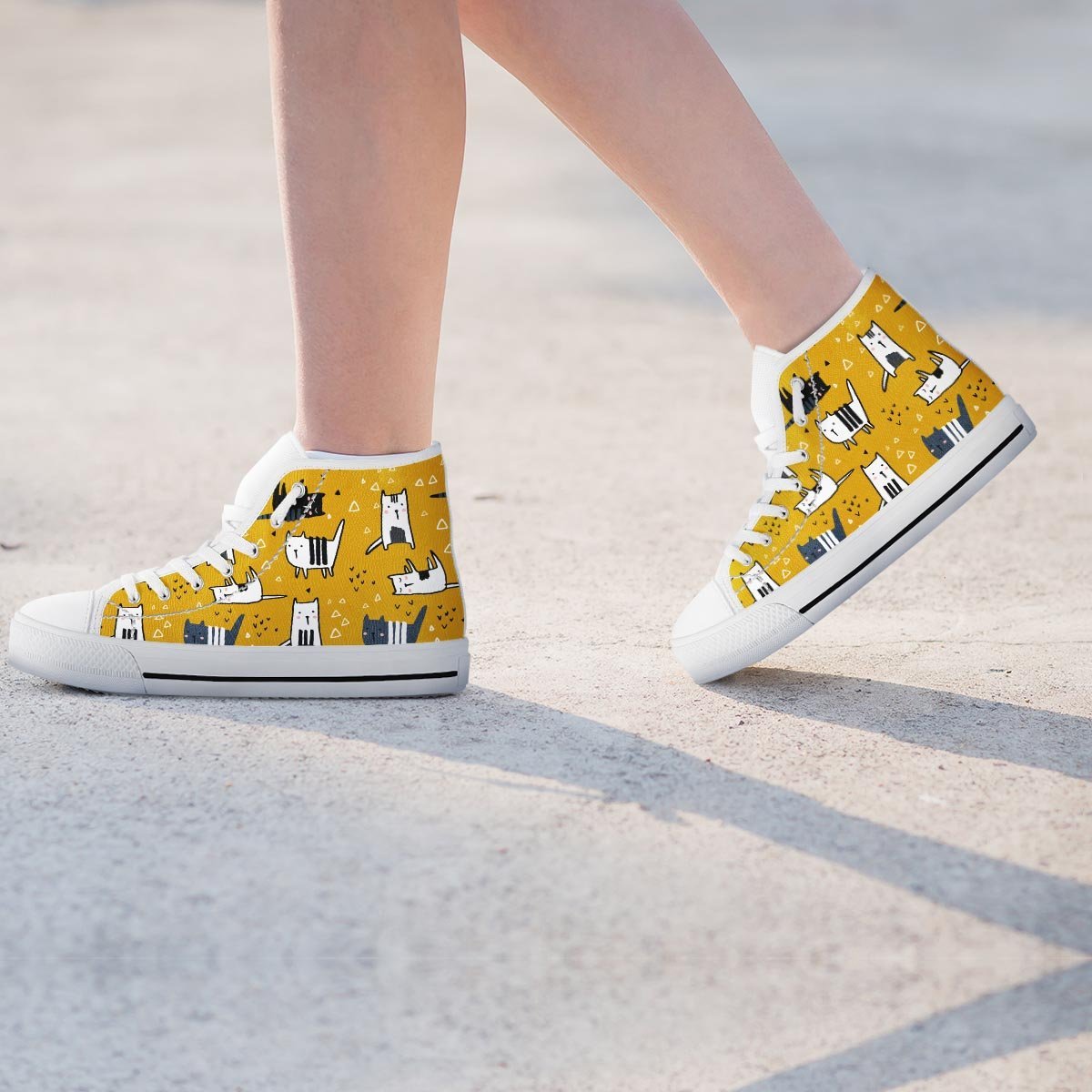 Yellow Doodle Cat Print Women's High Top Shoes-grizzshop
