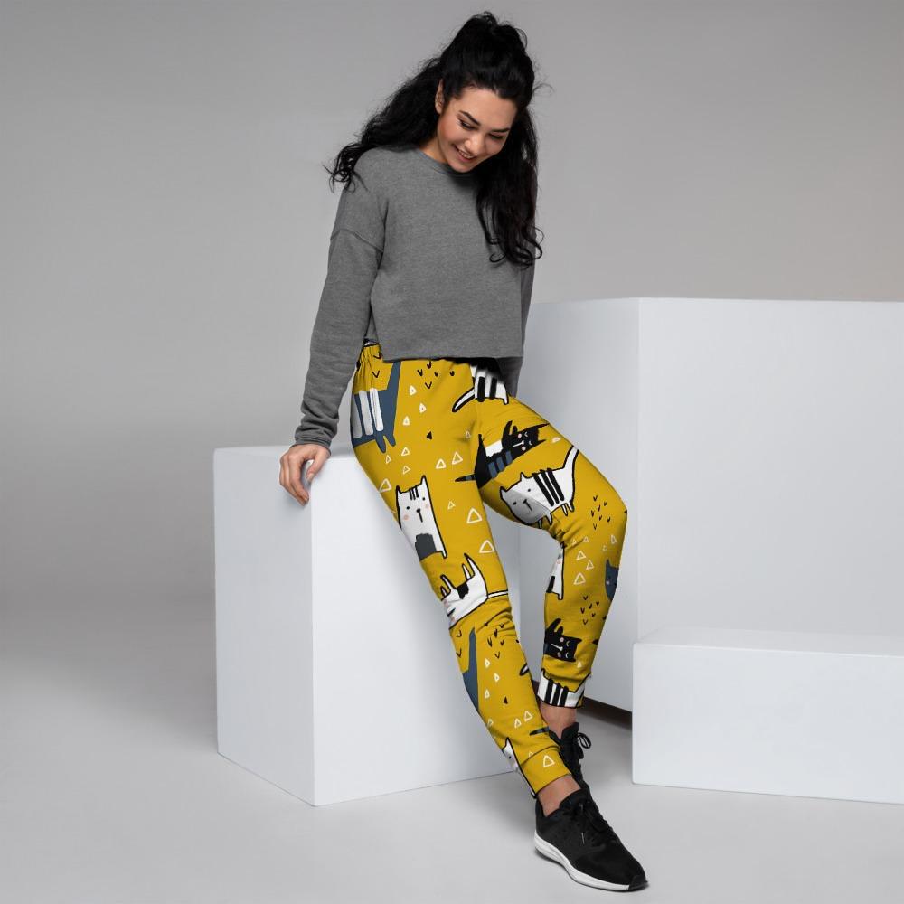 Yellow Doodle Cat Print Women's Joggers-grizzshop