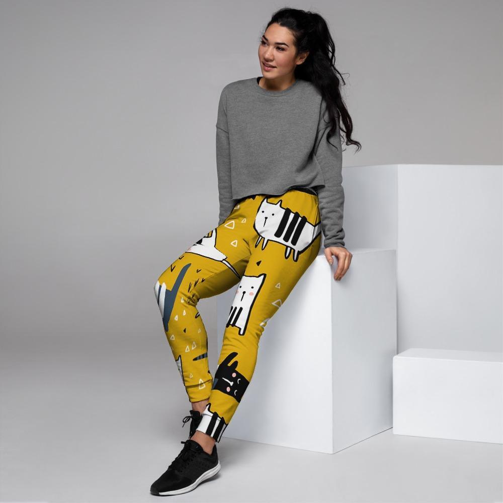 Yellow Doodle Cat Print Women's Joggers-grizzshop