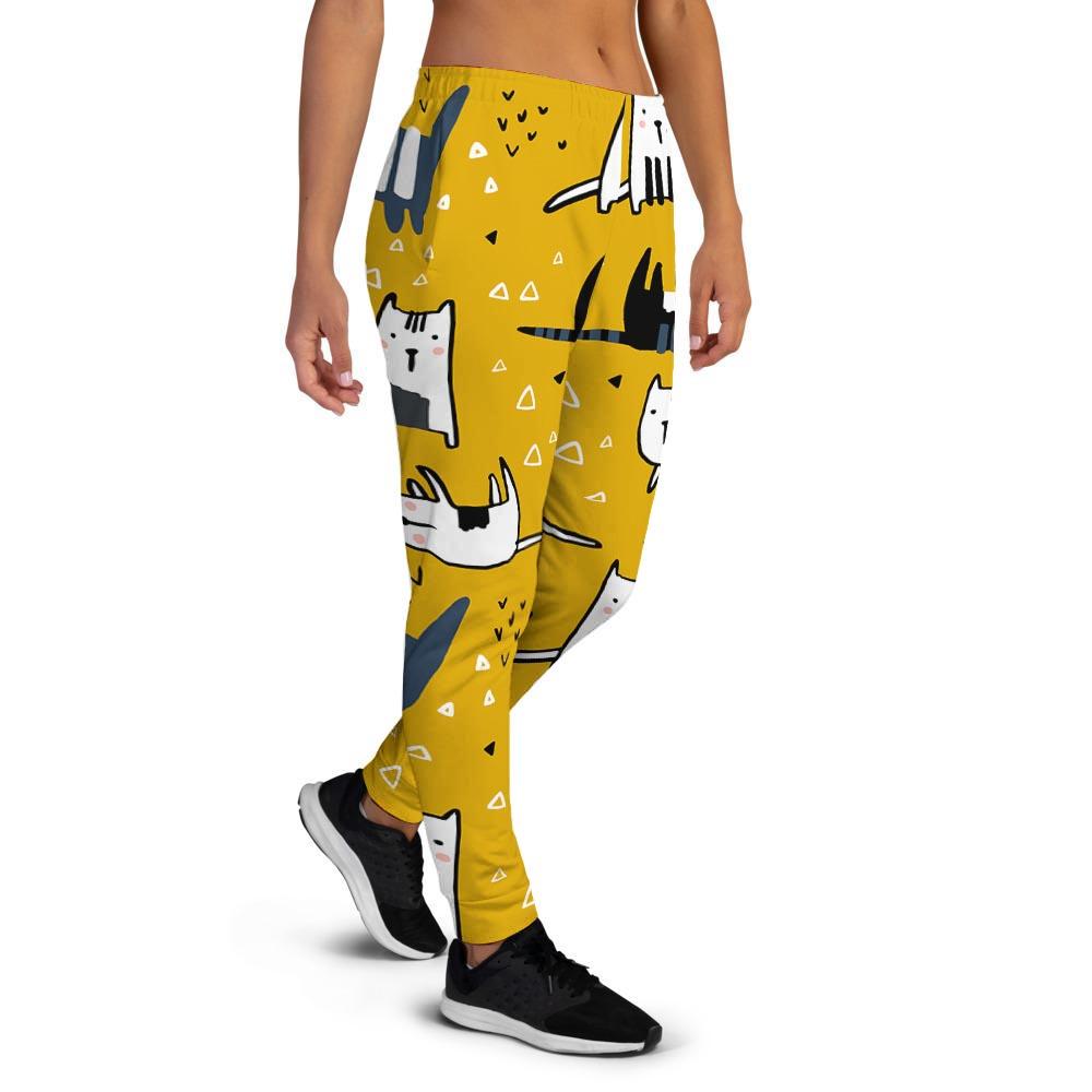 Yellow Doodle Cat Print Women's Joggers-grizzshop