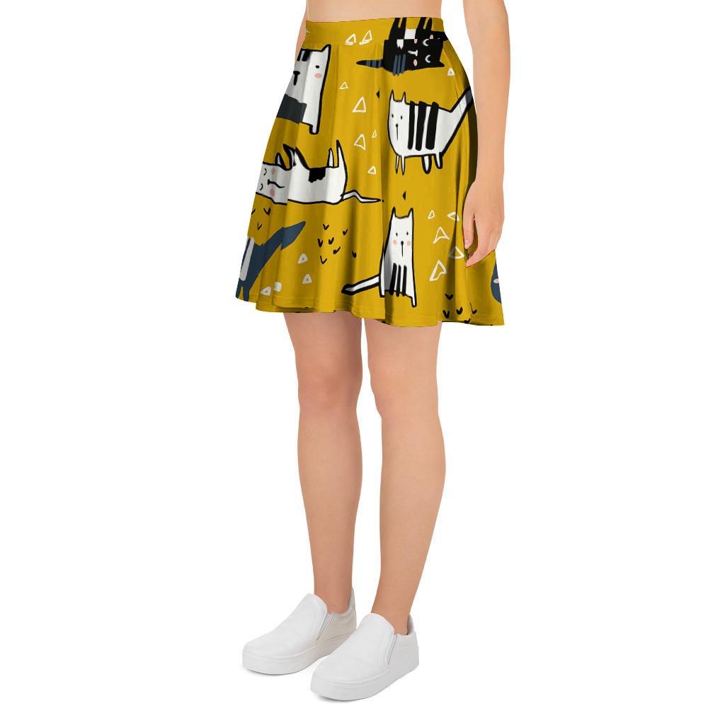 Yellow Doodle Cat Print Women's Skirt-grizzshop