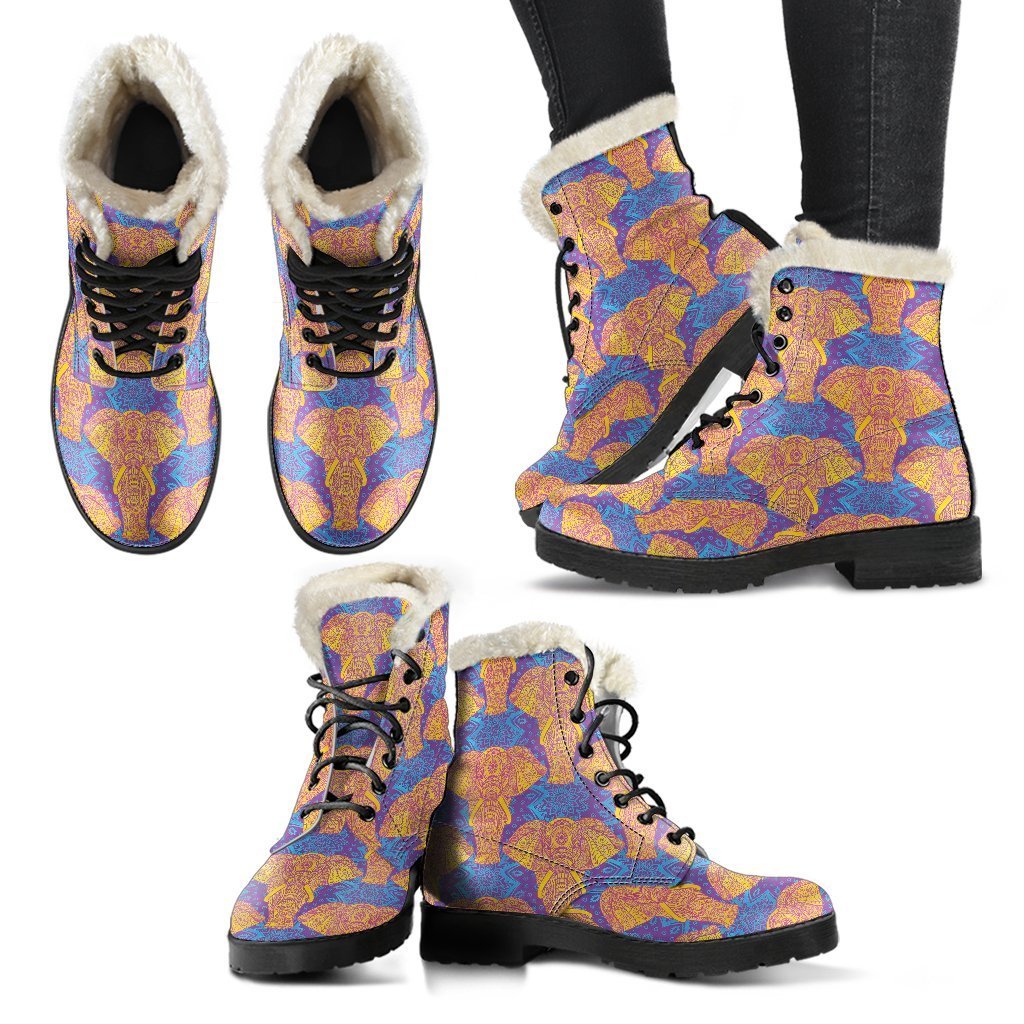 Yellow Elephant Mandala Print Comfy Winter Boots-grizzshop