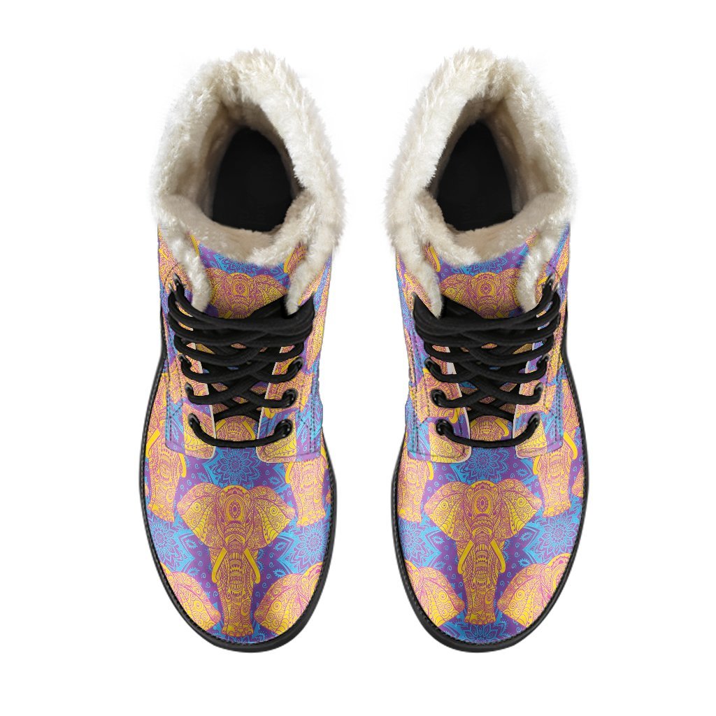 Yellow Elephant Mandala Print Comfy Winter Boots-grizzshop