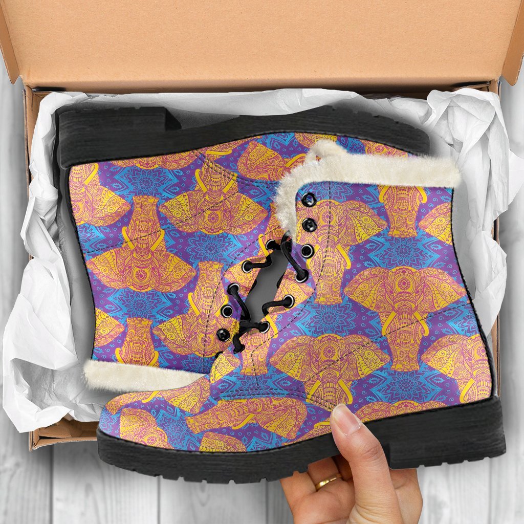 Yellow Elephant Mandala Print Comfy Winter Boots-grizzshop