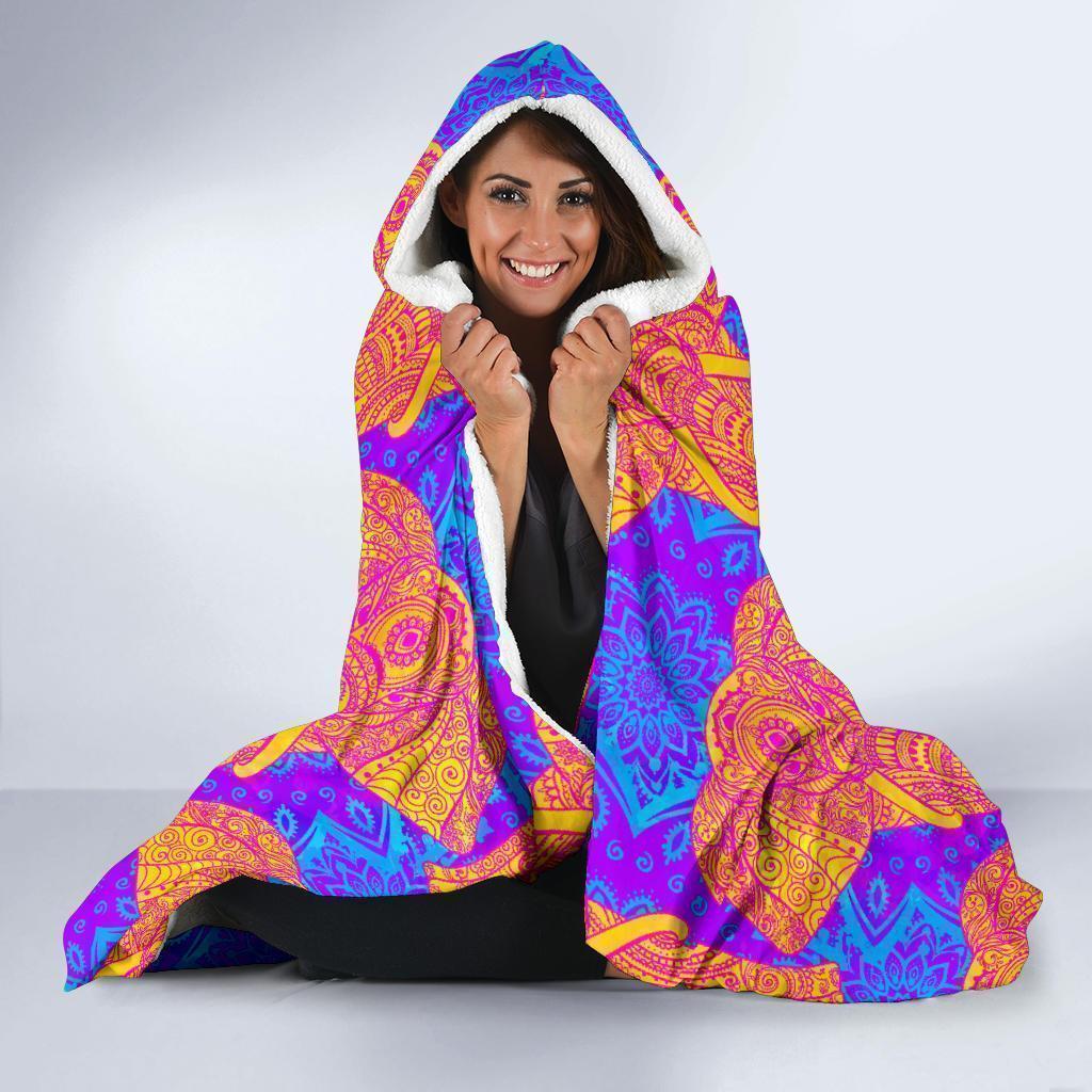 Yellow Elephant Mandala Print Hooded Blanket-grizzshop