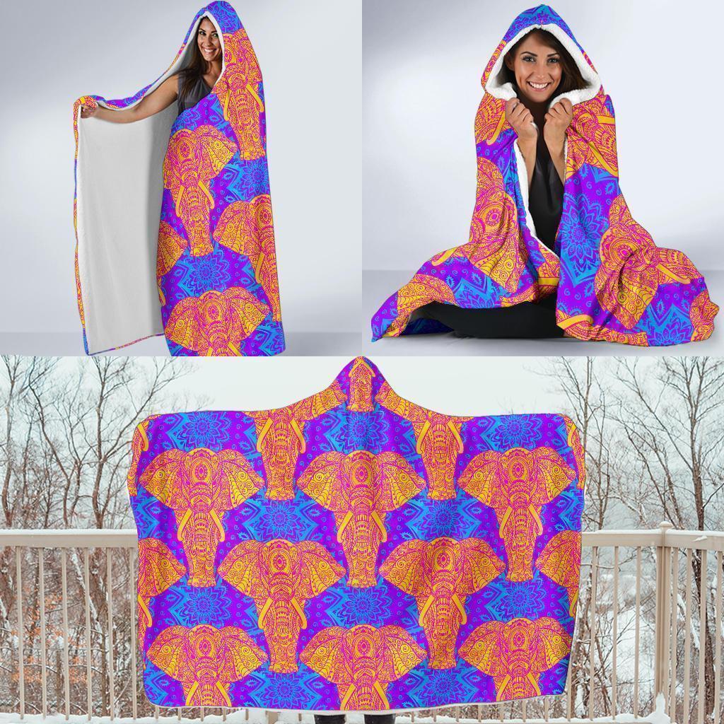 Yellow Elephant Mandala Print Hooded Blanket-grizzshop