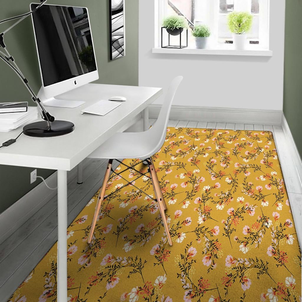 Yellow Floral Retro Print Floor Mat-grizzshop